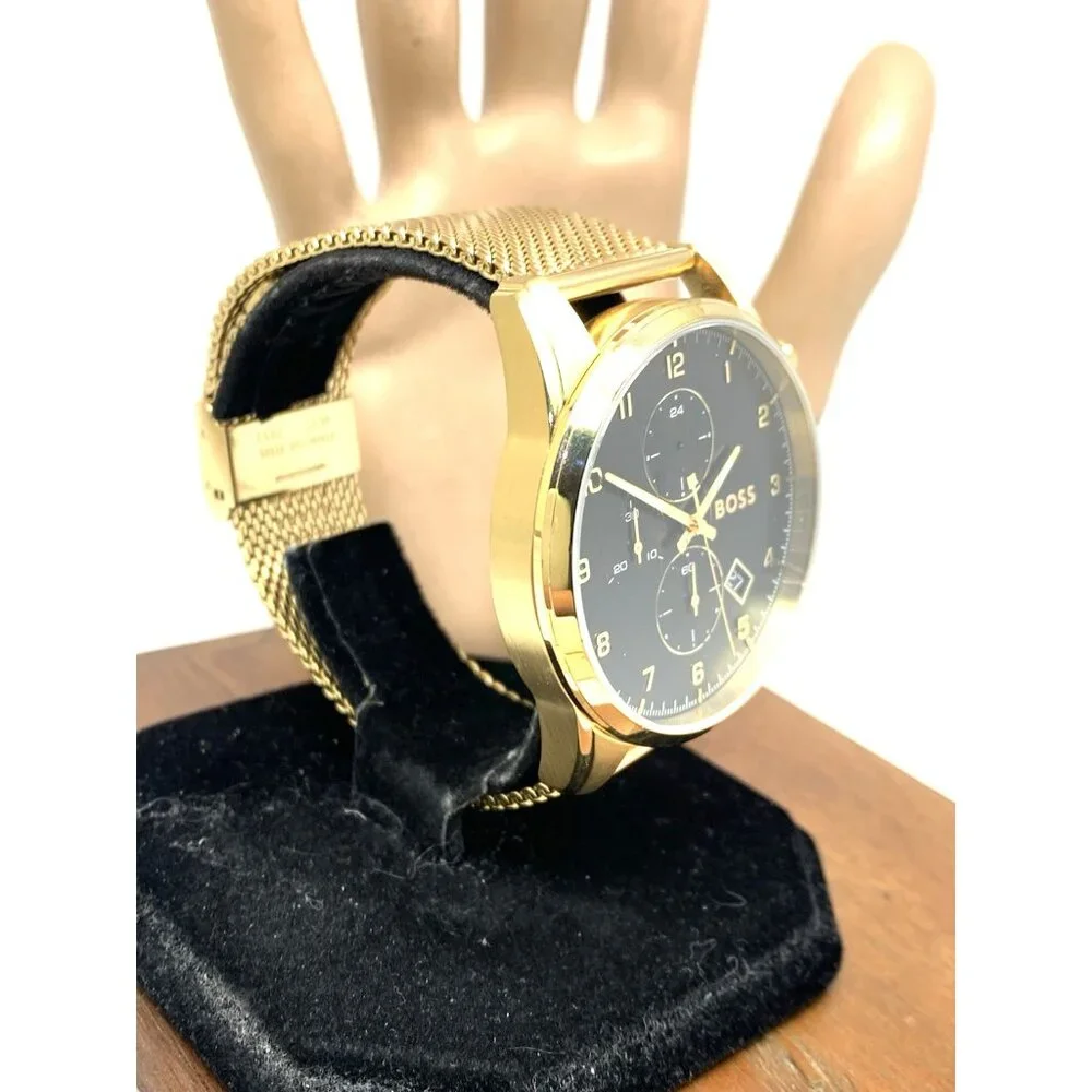 Hugo Boss Men's Watch 1513838 Quartz Chronograph Black Dial Gold Mesh Steel 44mm